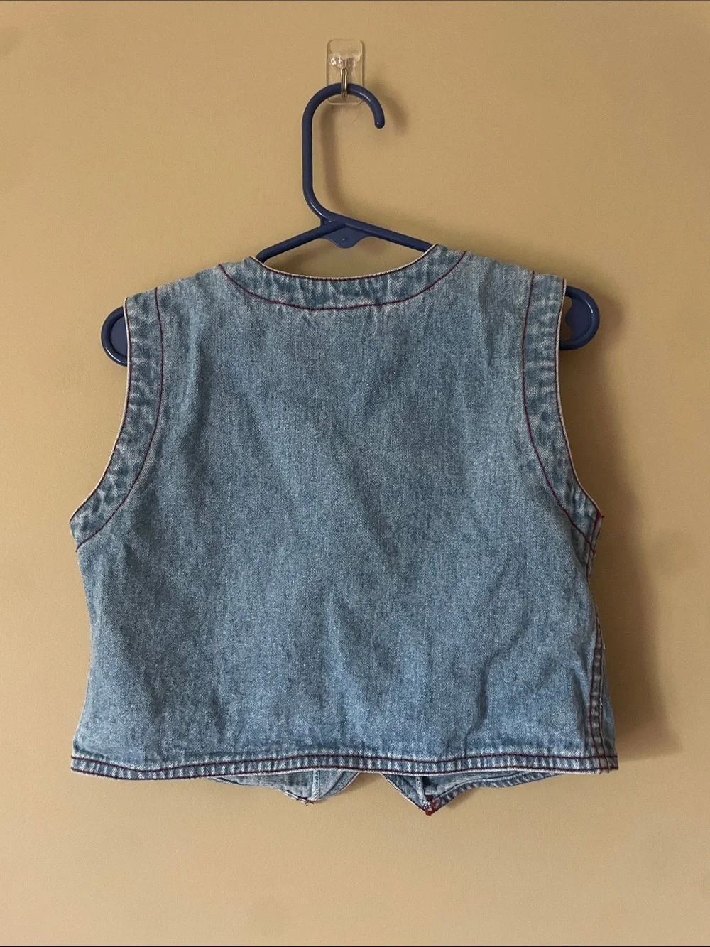 Vintage Light Wash Denim Vest with Pink Topstitching and floral accent